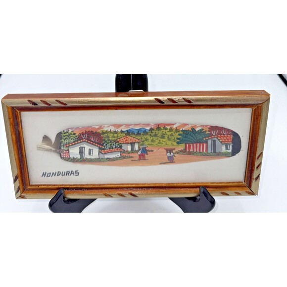 Handpainted & Framed Feather Art Honduras Village Scene Wall Hanger 10.75" X 5" - Picture 2 of 10